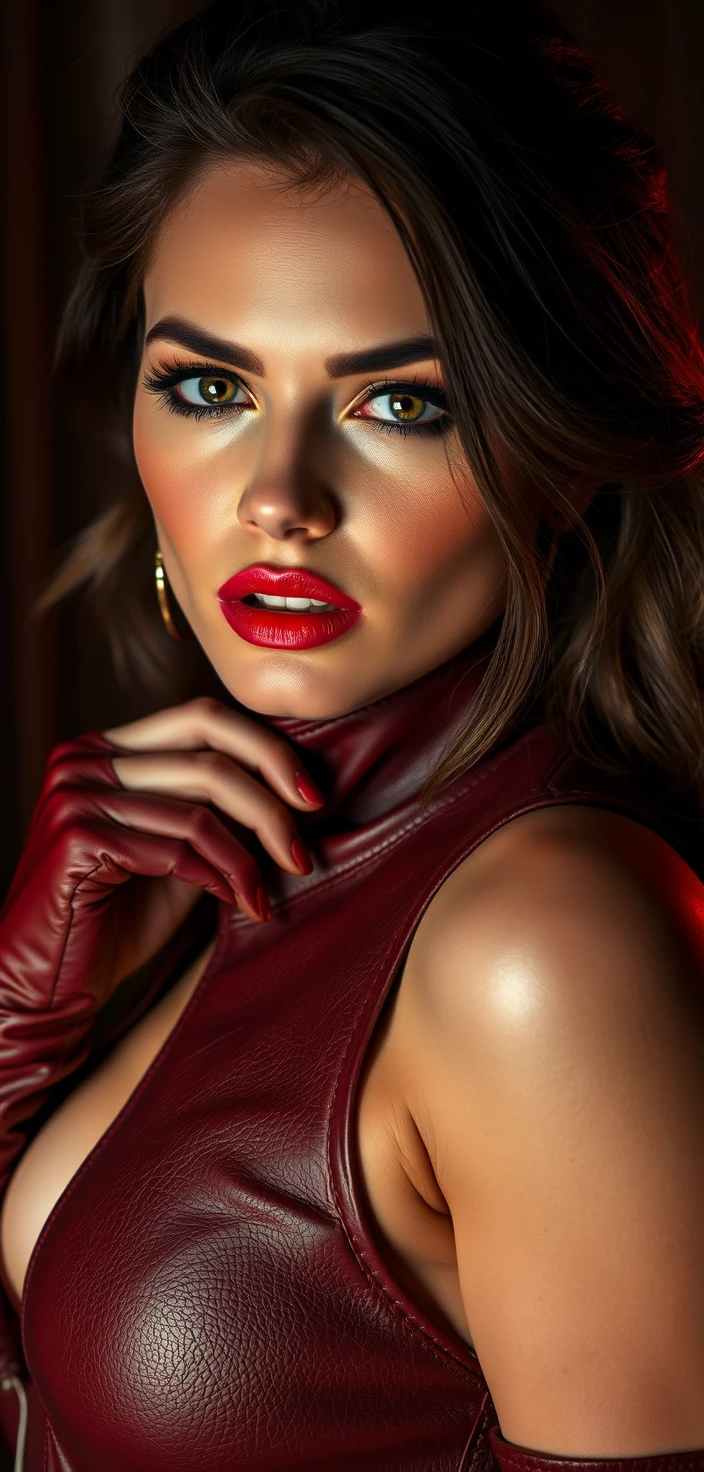 Sensual woman in leather under dramatic cinematic night lighting