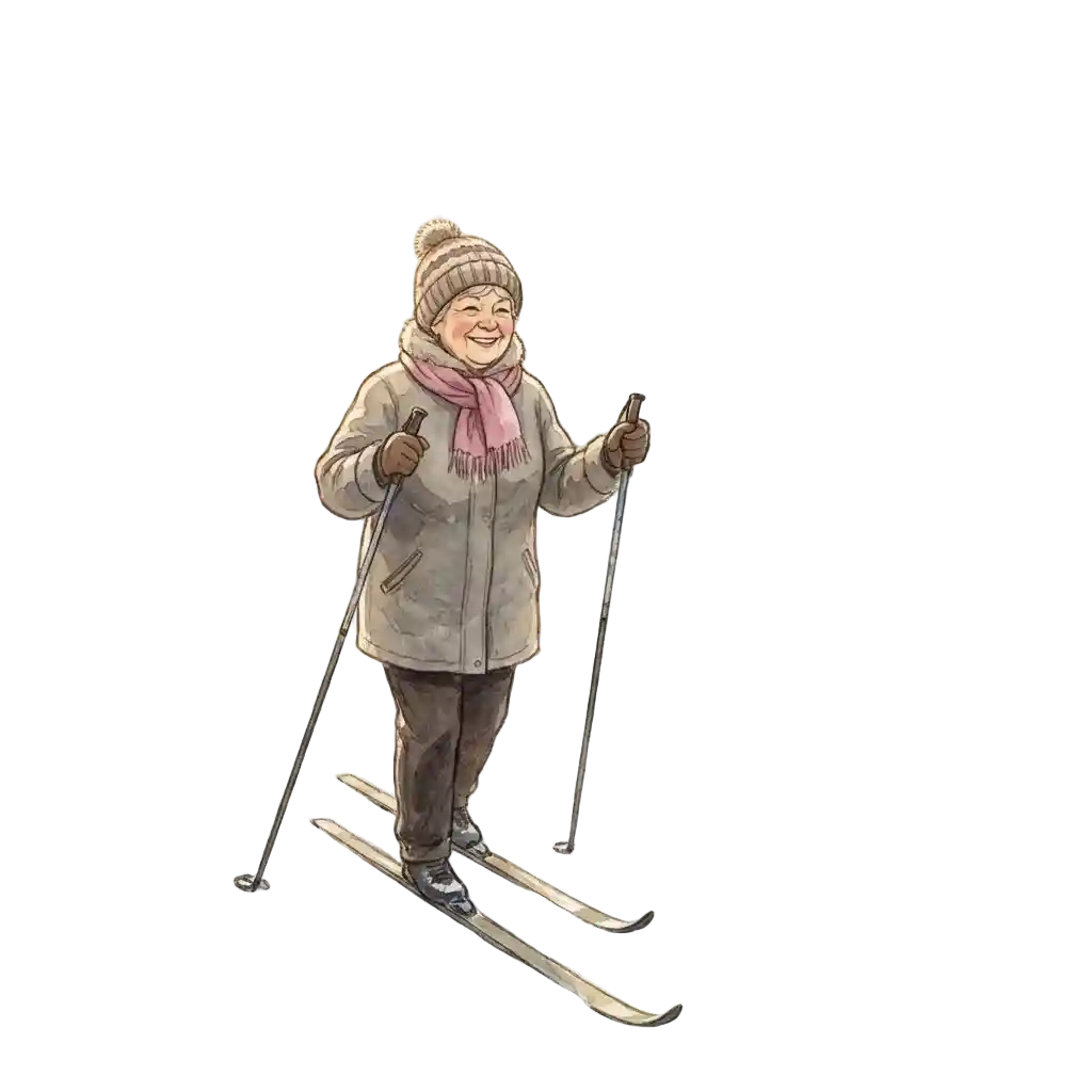 日差しが差し込む雪の松林を滑るおばあちゃん