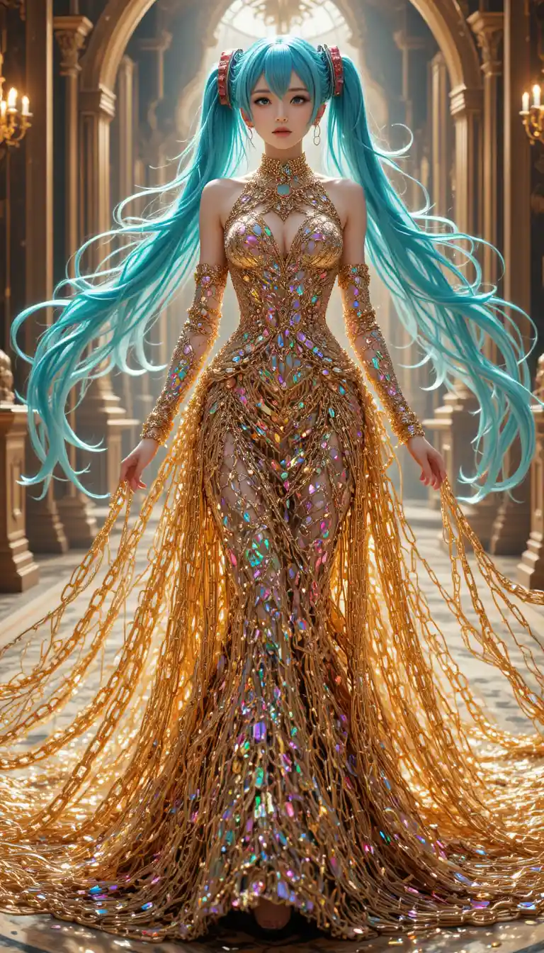 Élégante femme anime en robe de soirée à chaînes dorées