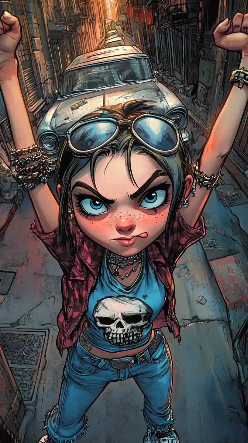 Rebellious punk girl posing in a neon lit city alley