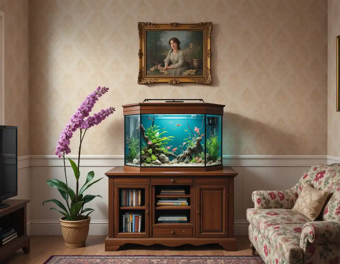Soggiorno accogliente con acquario esagonale e decorazioni floreali