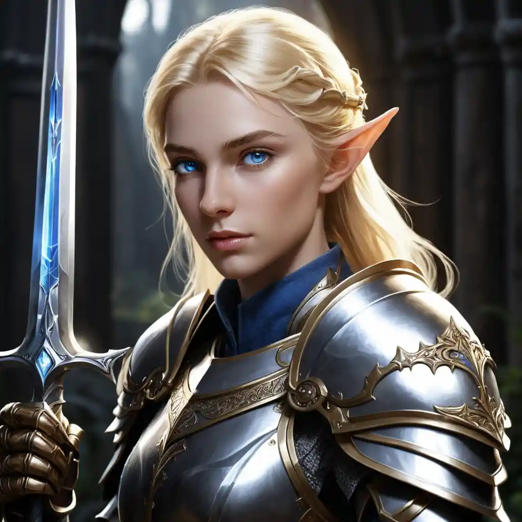 Paladín elfo rubio con lanza y brillante armadura real