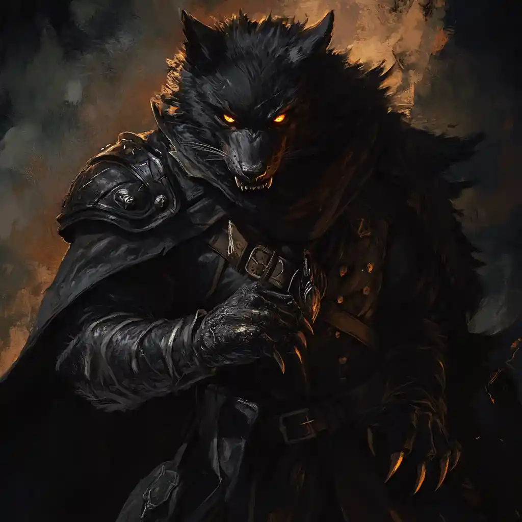 Dark fantasy werewolf with amber eyes and sharp fangs