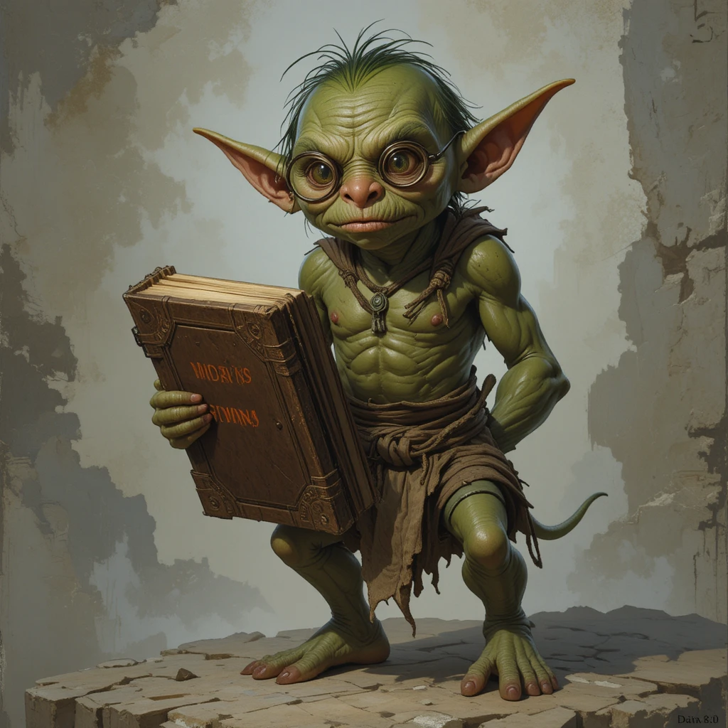 Erudito duende concentrado sujetando un enorme libro antiguo