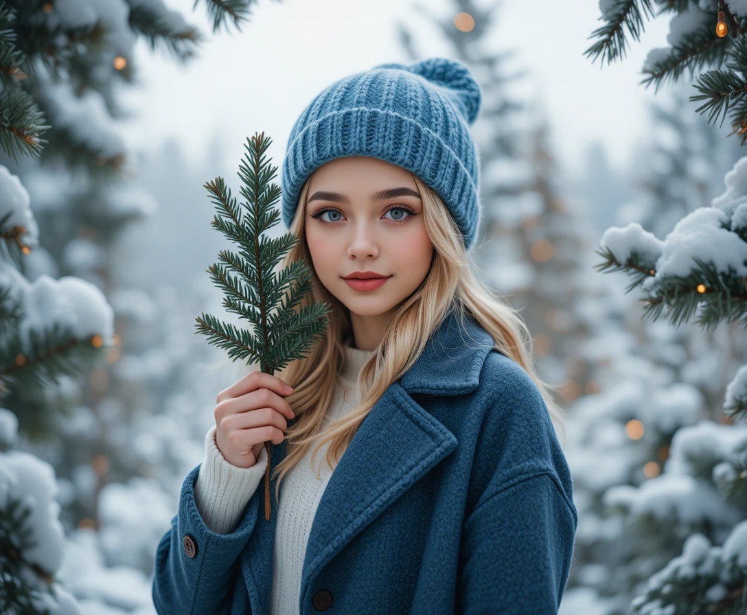 Femme en manteau bleu encadrée par des branches de sapin de Noël
