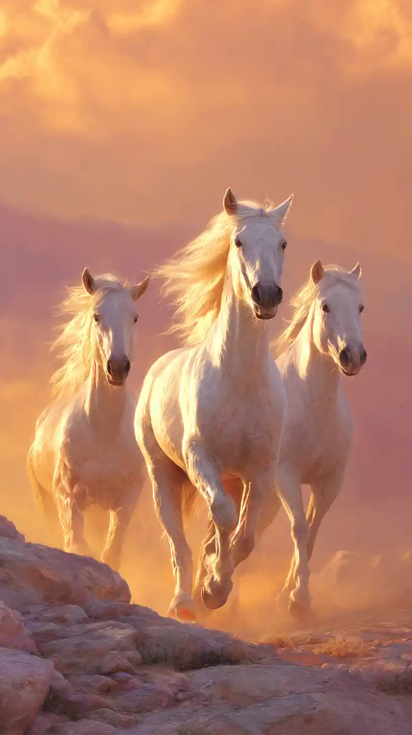 Cavalos brancos correndo livremente ao pôr do sol