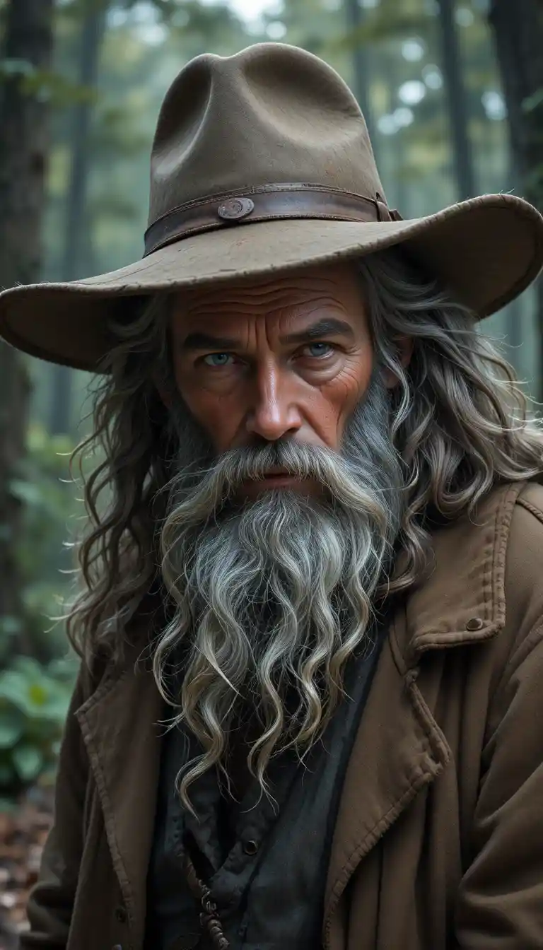 Vieil homme buriné avec chapeau devant une forêt floue