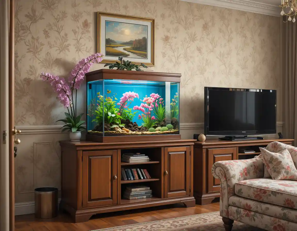 Salon chaleureux avec aquarium hexagonal sur meuble en bois