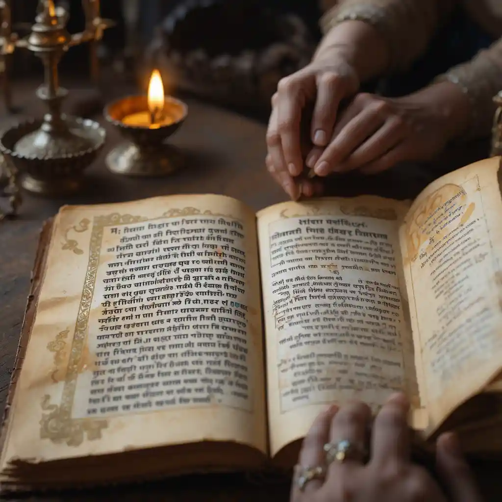 Ancien Manuscrit du Rigveda en Sanskrit Sur un Bureau en Bois