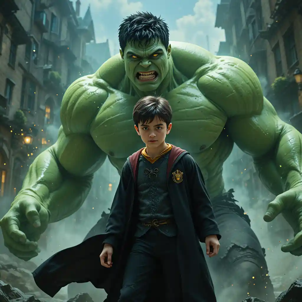 Jeune mage affrontant un énorme colosse vert avec sa magie