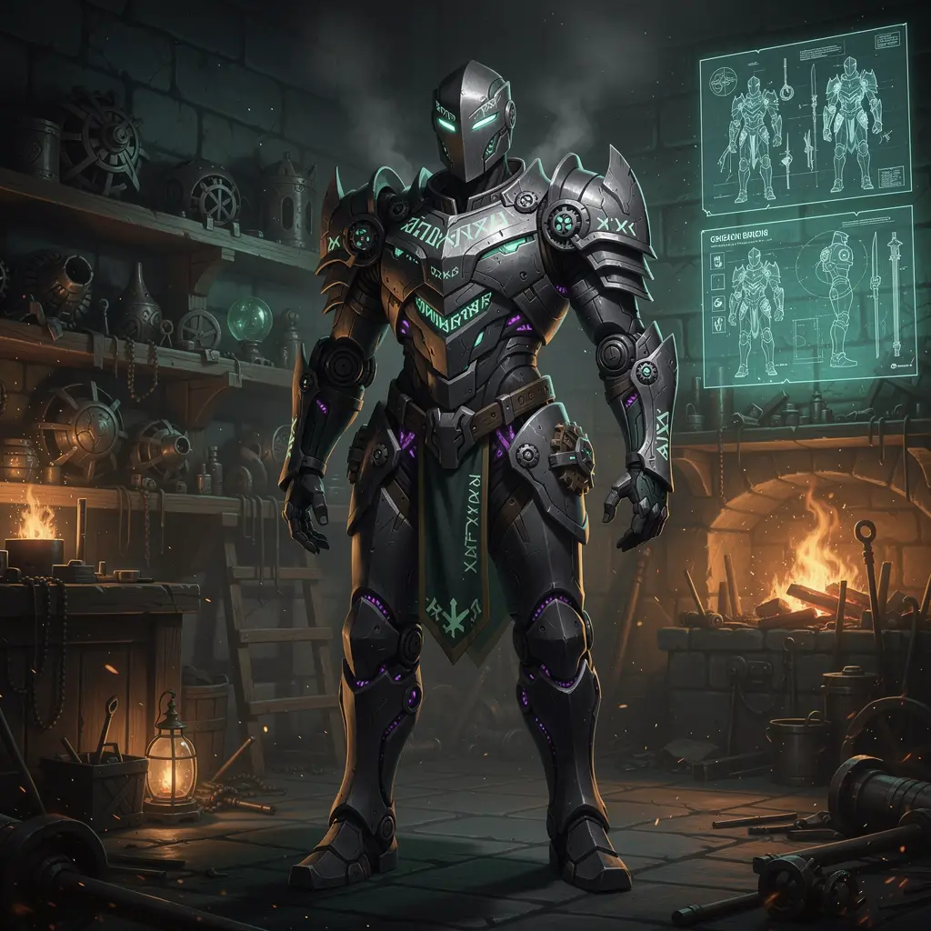Dark fantasy artificer in heavy magical armor