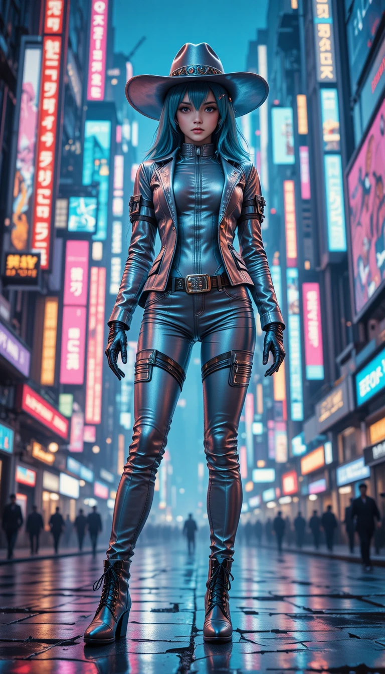 Cyberpunk cowgirl anime singer in neon city streets