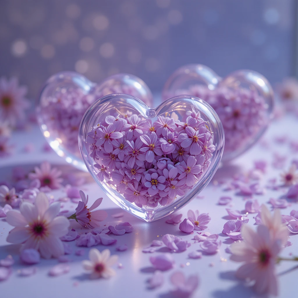 Pastel glass hearts with purple petals on lavender glow