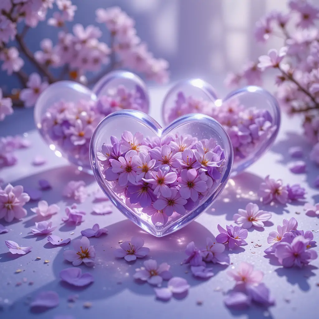 Pastel glass hearts with purple petals on lavender glow