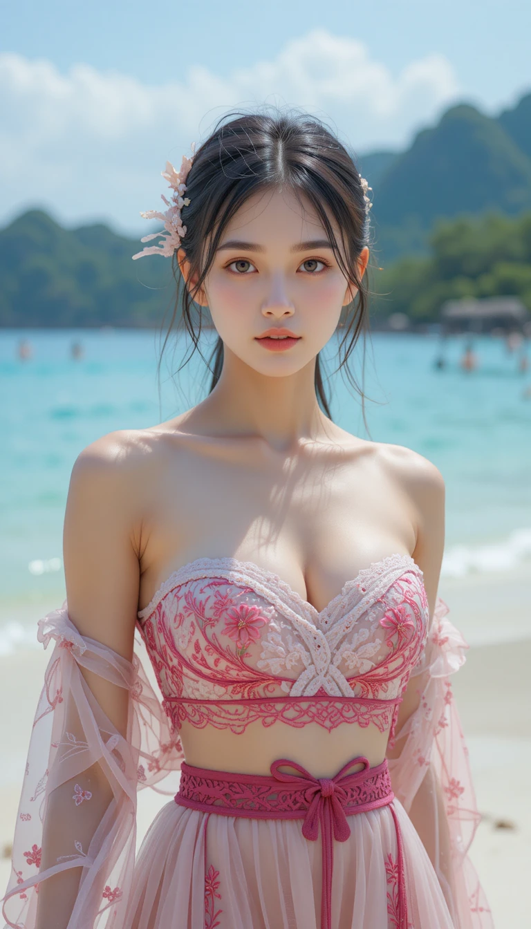 優雅年輕女子在寧靜蘇梅海邊擺姿勢