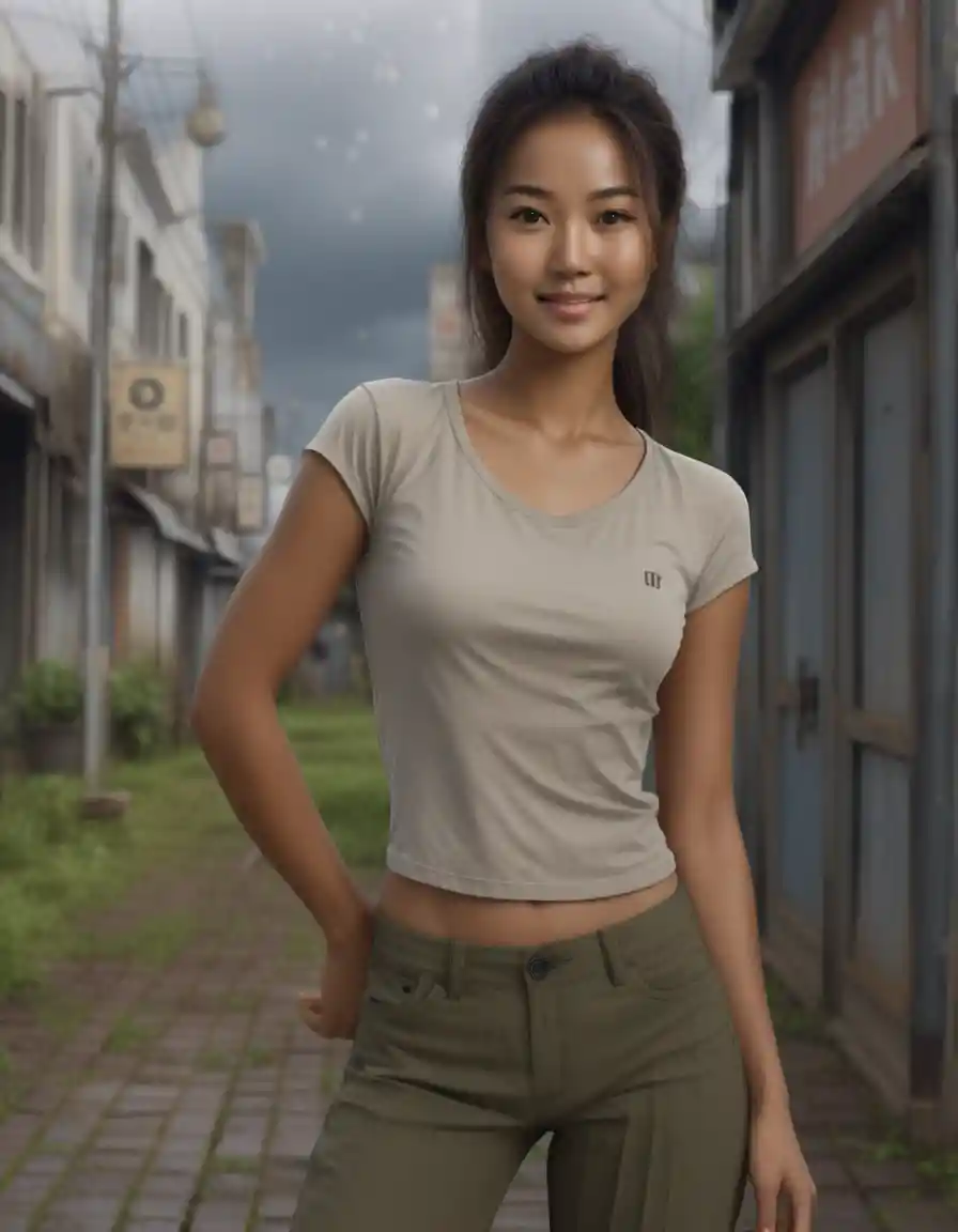 陰天站在田野中的微笑女子