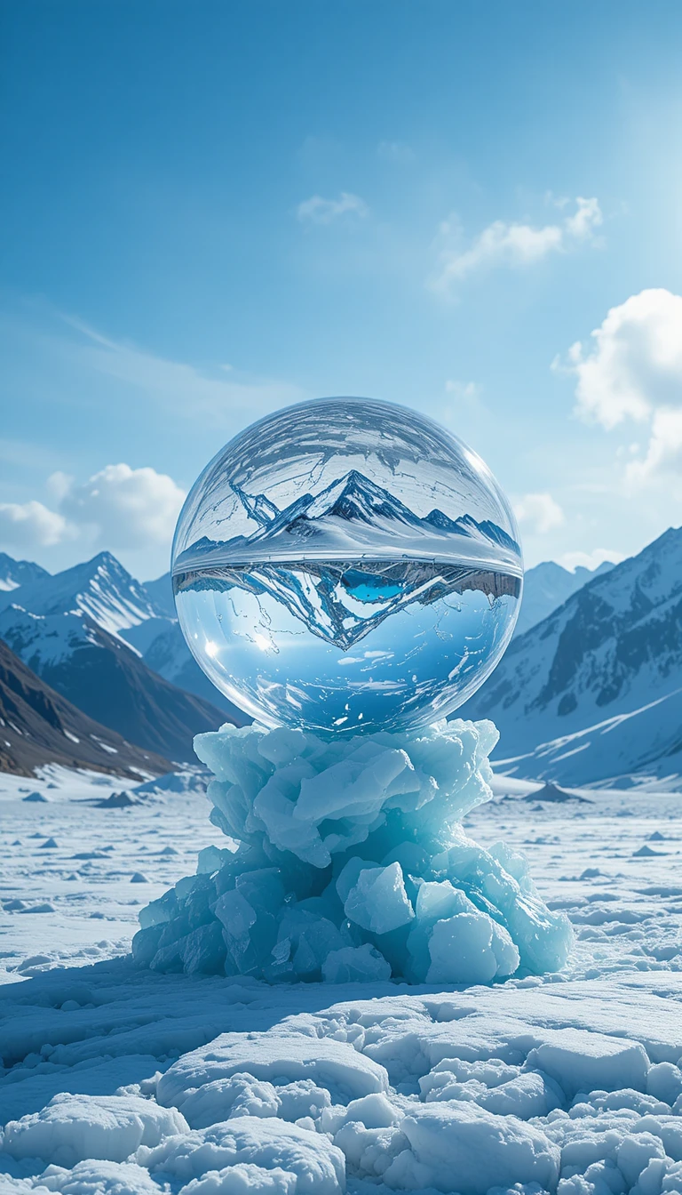 Esfera de gelo flutuando sobre uma brilhante tundra de montanhas nevadas