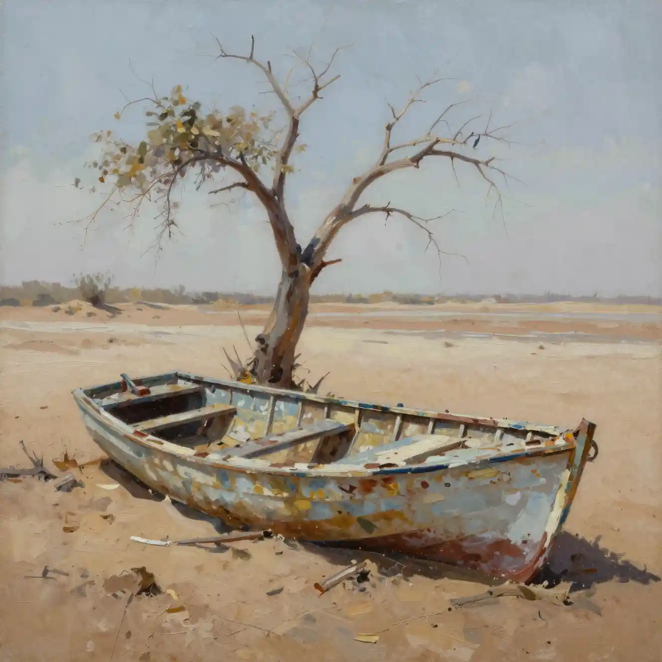 Oil painting of decaying boat in a barren desert lakebed