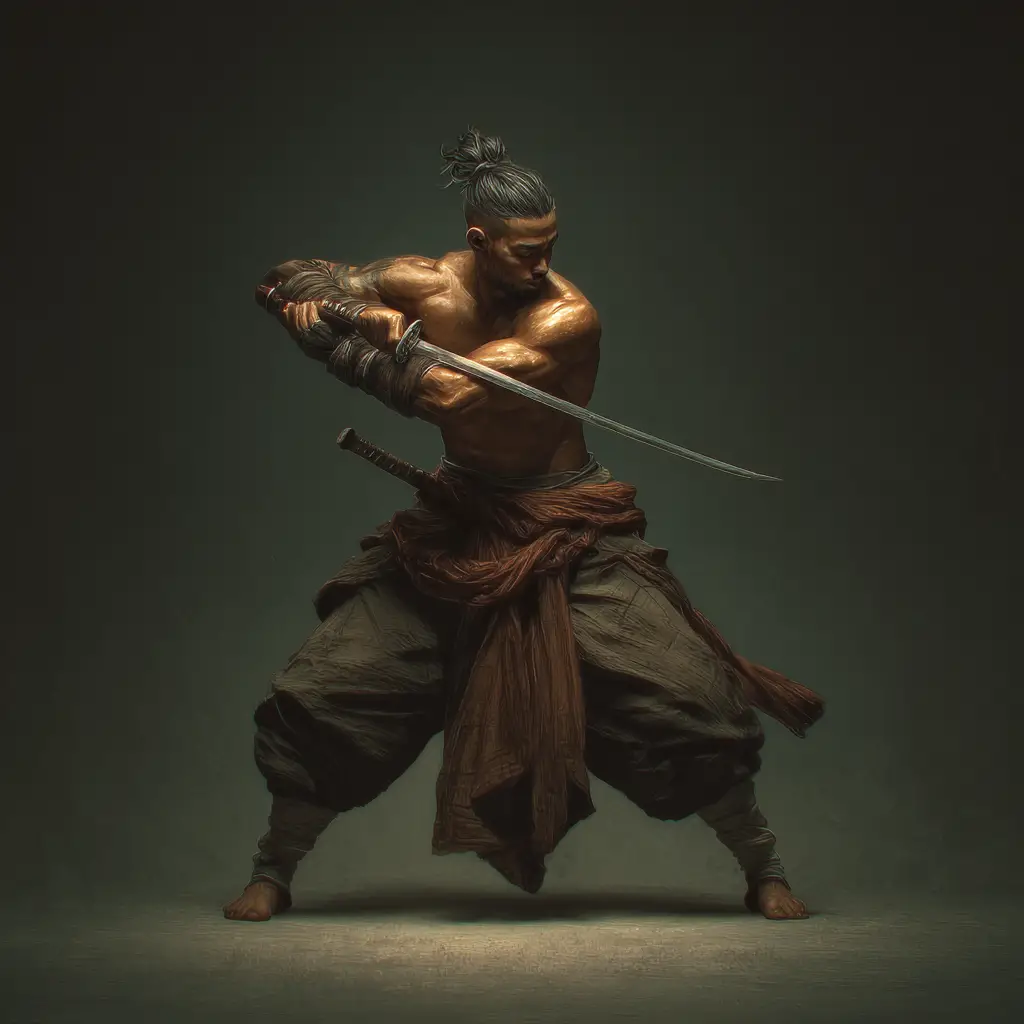 Dark fantasy monk martial artist with tanned skin