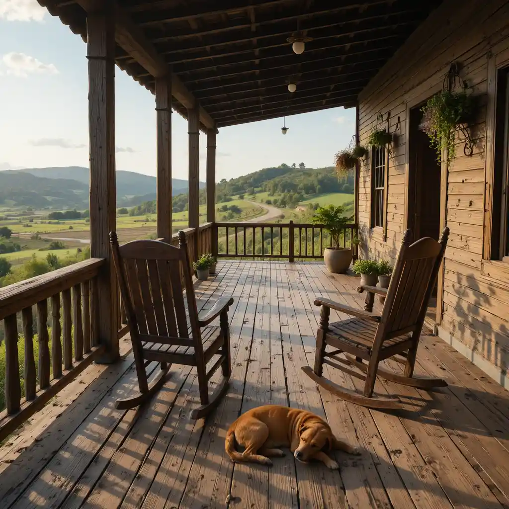 Rustic farm veranda overlooking peaceful Brazilian countryside