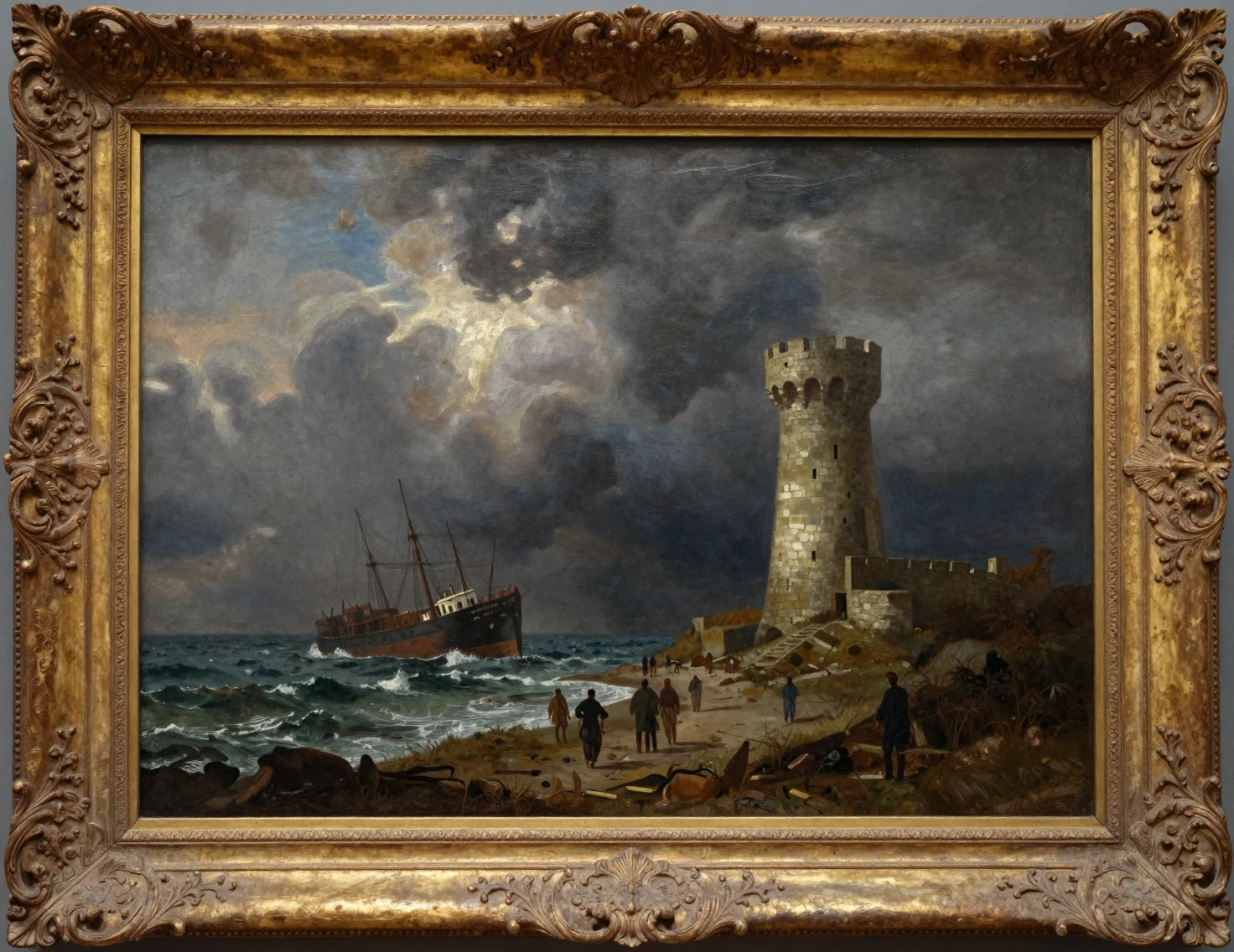 Dramatic seascape painting with shipwreck and stone tower
