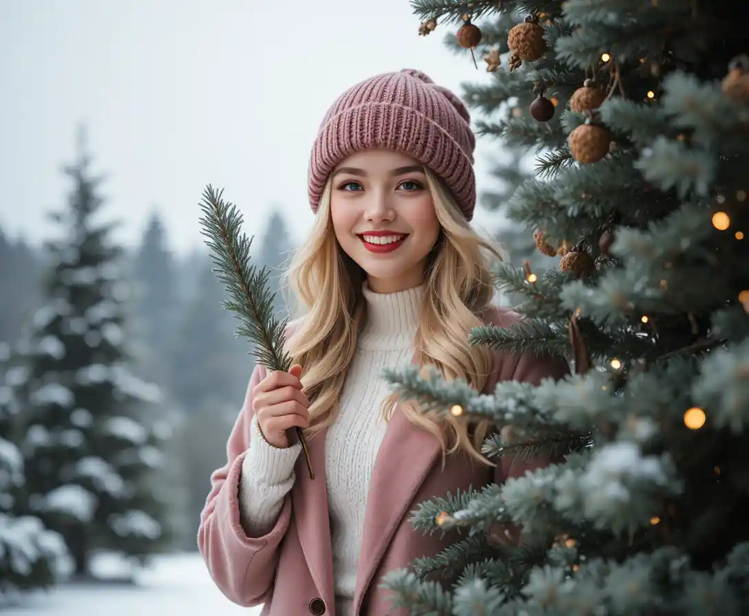 Joyful woman in pink winter coat framed by christmas tree
