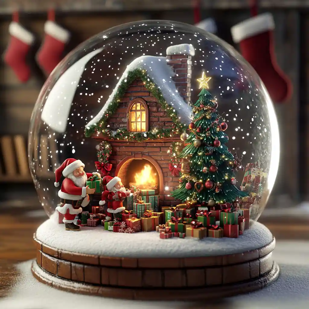 Babbo Natale e gli elfi che mettono i regali sotto l'albero di Natale