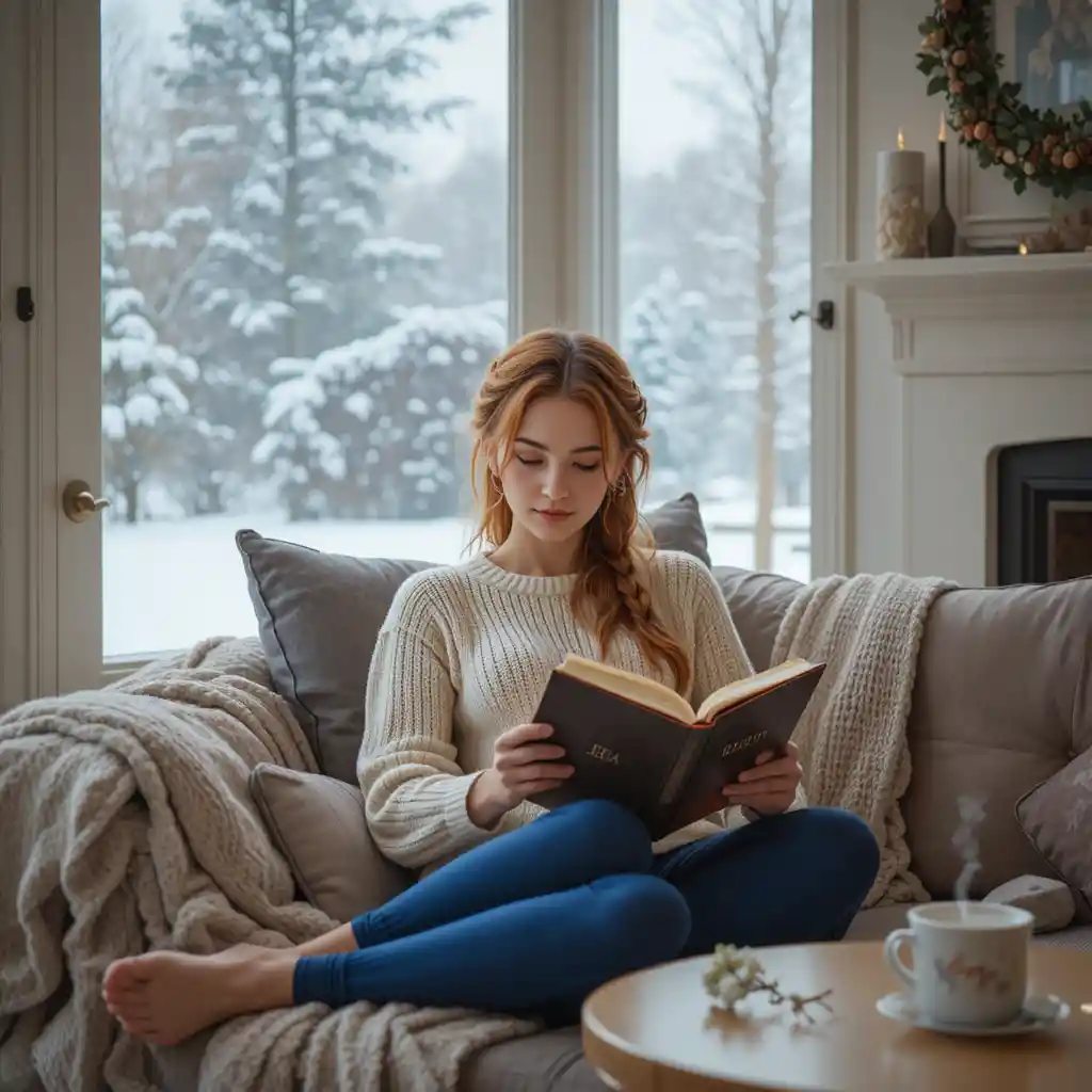 Young woman reading by the fireplace in a cozy room