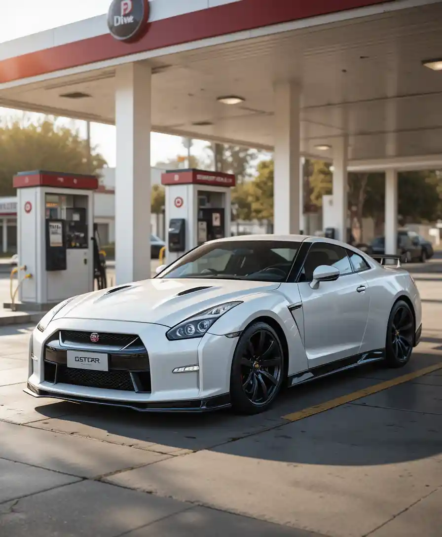 White sports car parked at a quiet urban gas station