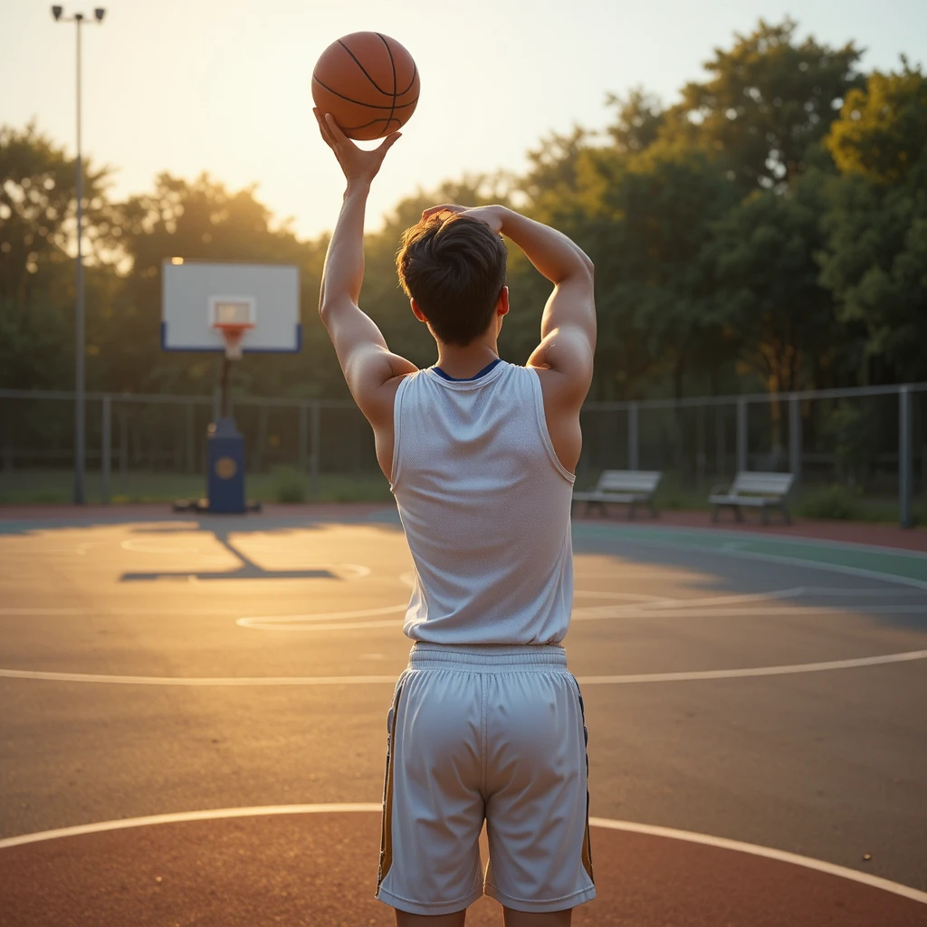 Teenage boy taking a three point shot at outdoor court