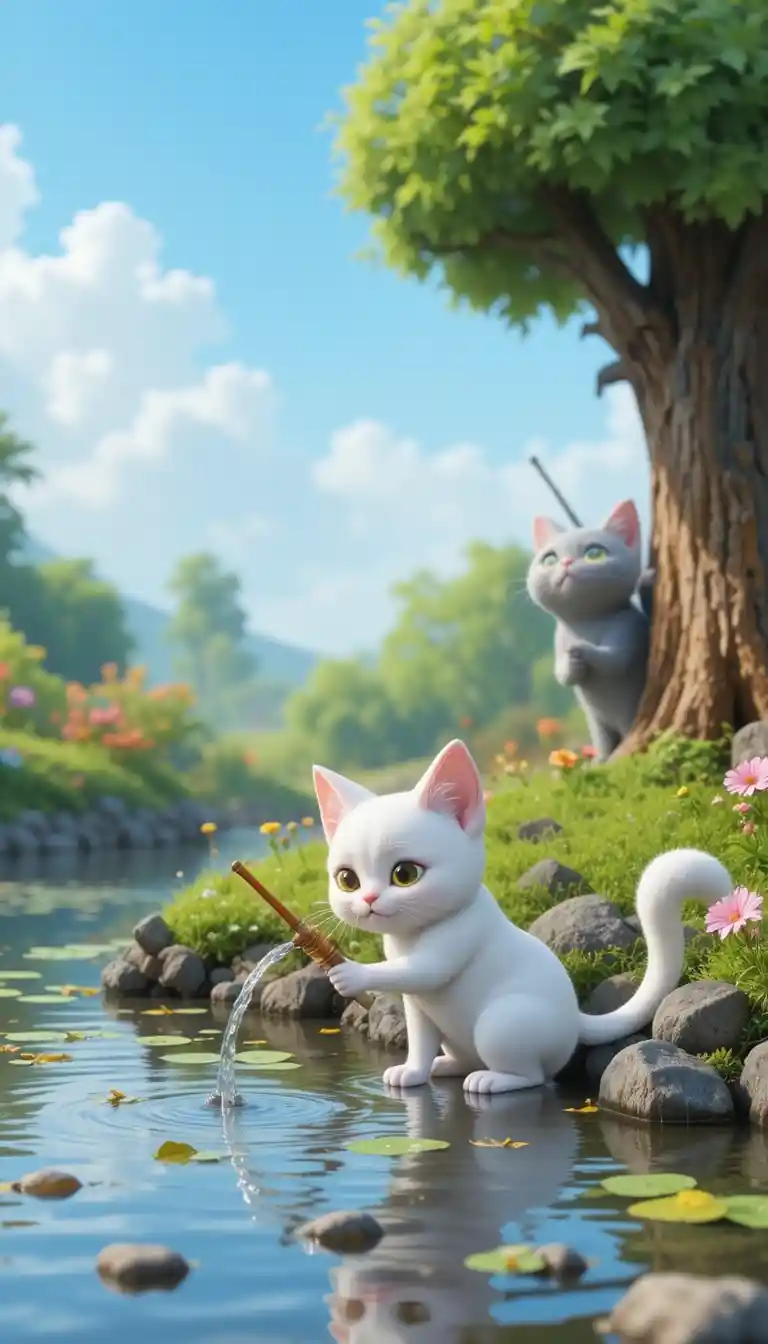 Two cartoon cats fishing together at a quiet pond