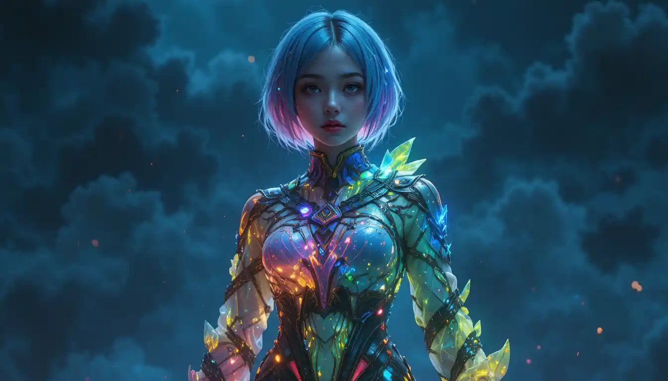 黑暗天空下身著發光衣裝的神秘女子