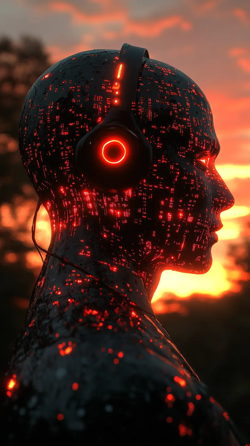 Futuristic humanoid profile at sunset in a forest