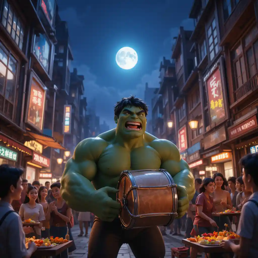 Inquadratura 3D cinematografica di un supereroe in una città notturna