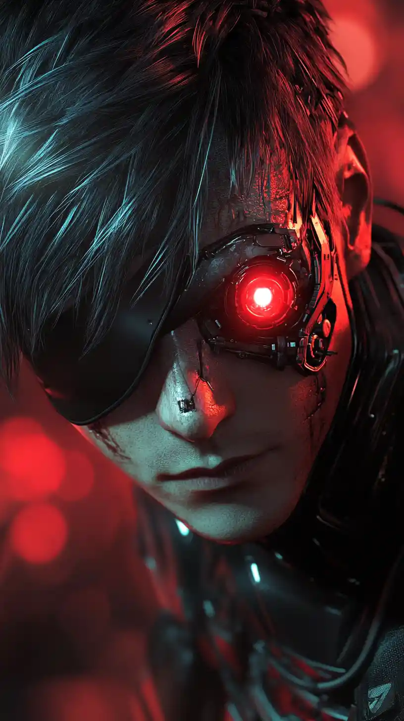 Ritratto di cyborg segnato dalla battaglia con occhio cibernetico rosso luminoso