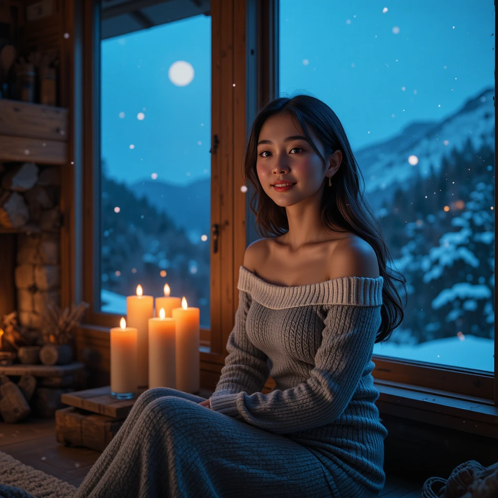 Korean woman in gray sweater dress by candlelit cabin window