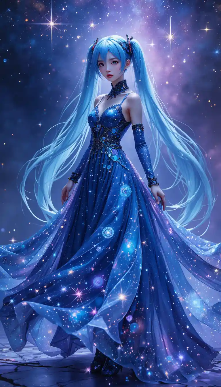 Anime girl in a flowing cosmic dress under starry sky