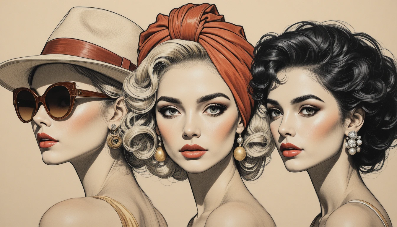 Three stylish women portrait in warm retro fashion