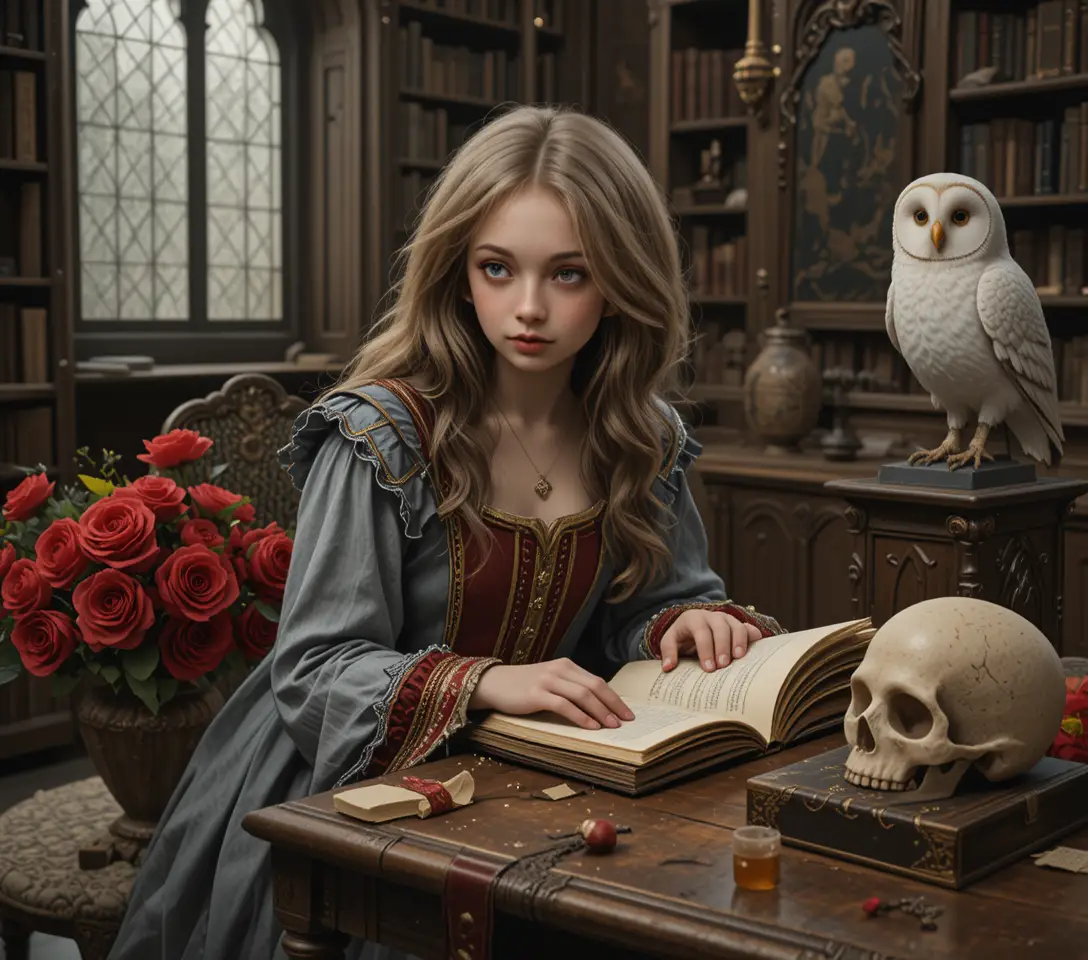 Young girl reading in a gothic room with ancient objects
