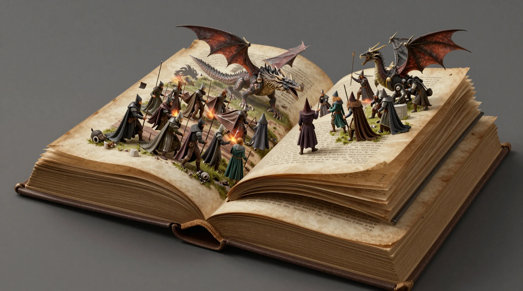 Piccolo mago che gira le pagine di un enorme libro 3D vintage aperto