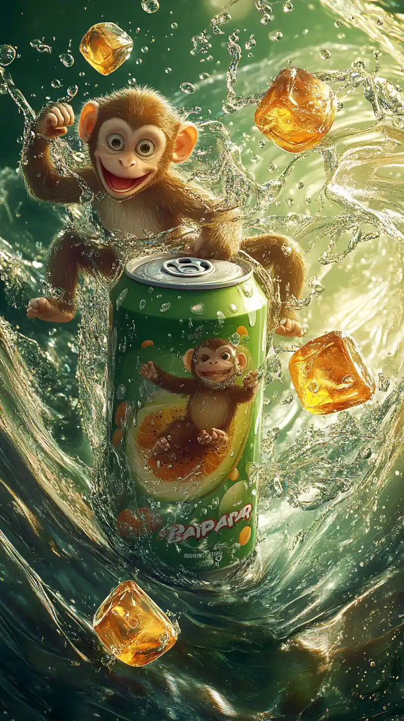 Playful monkey bathing with floating soda can and fruit