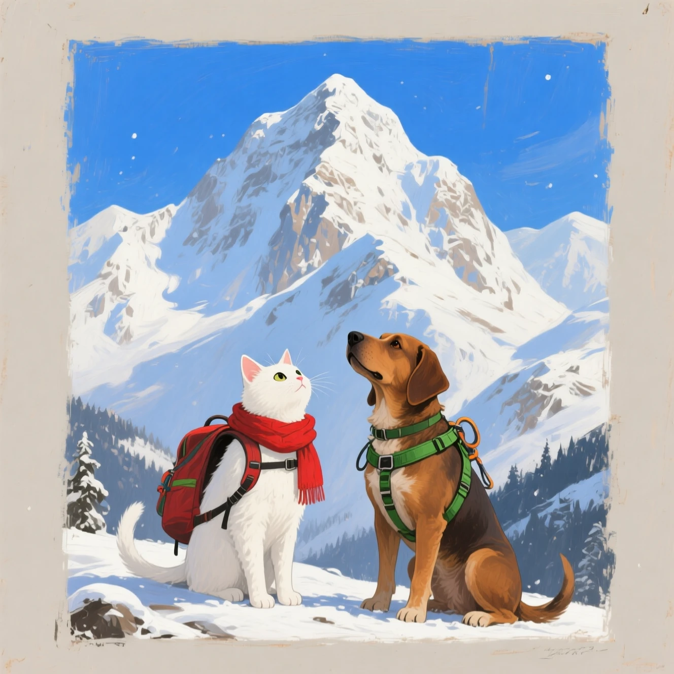 Gato y perro miran hacia una imponente cumbre de montaña nevada