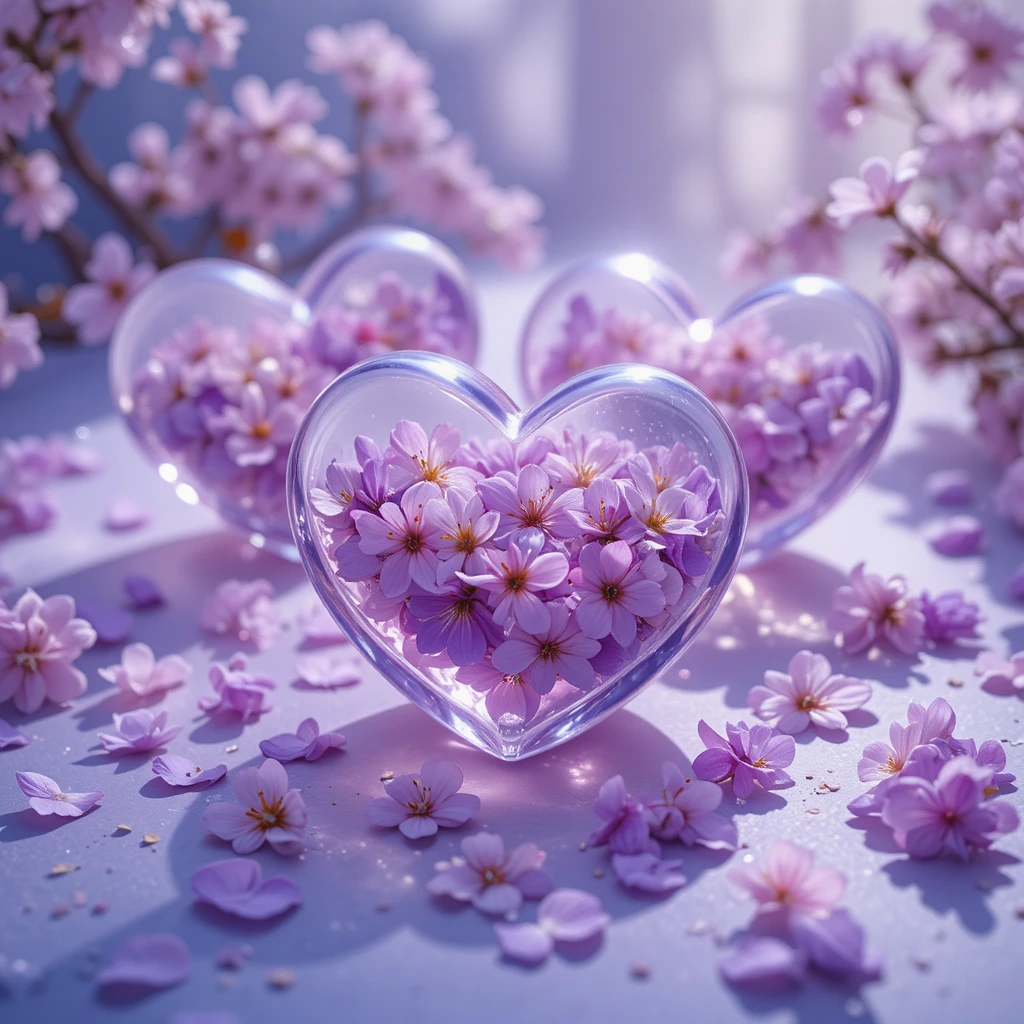Pastel glass hearts with purple petals on lavender glow