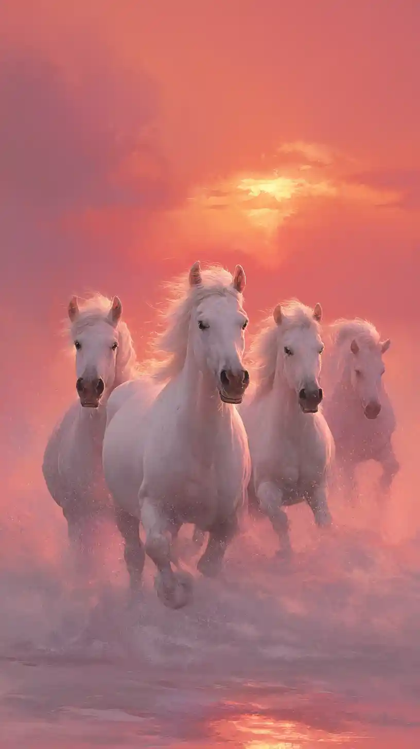 White horses running wild in glowing sunset light