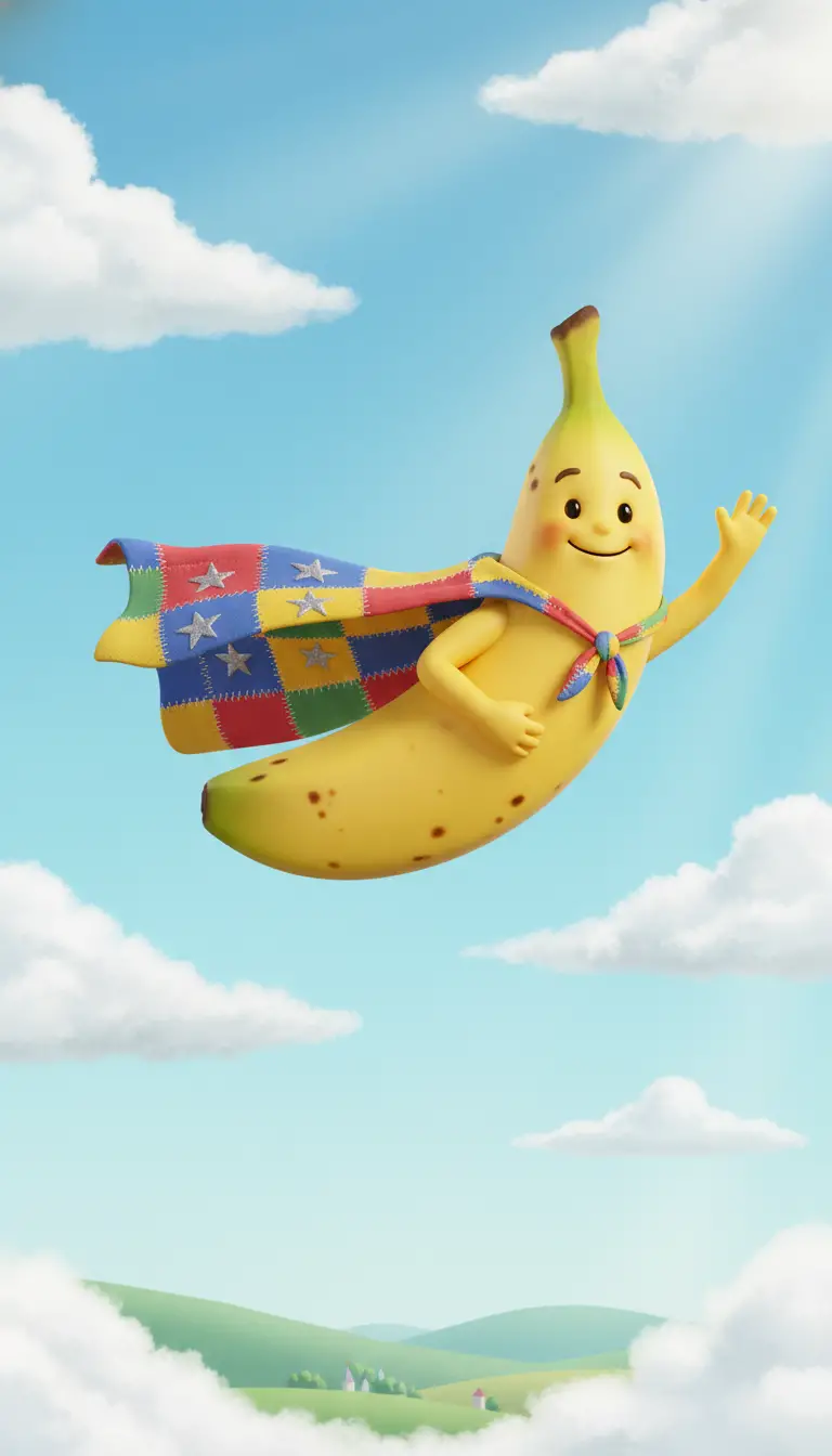 Joyful flying banana hero in a soft blue sky