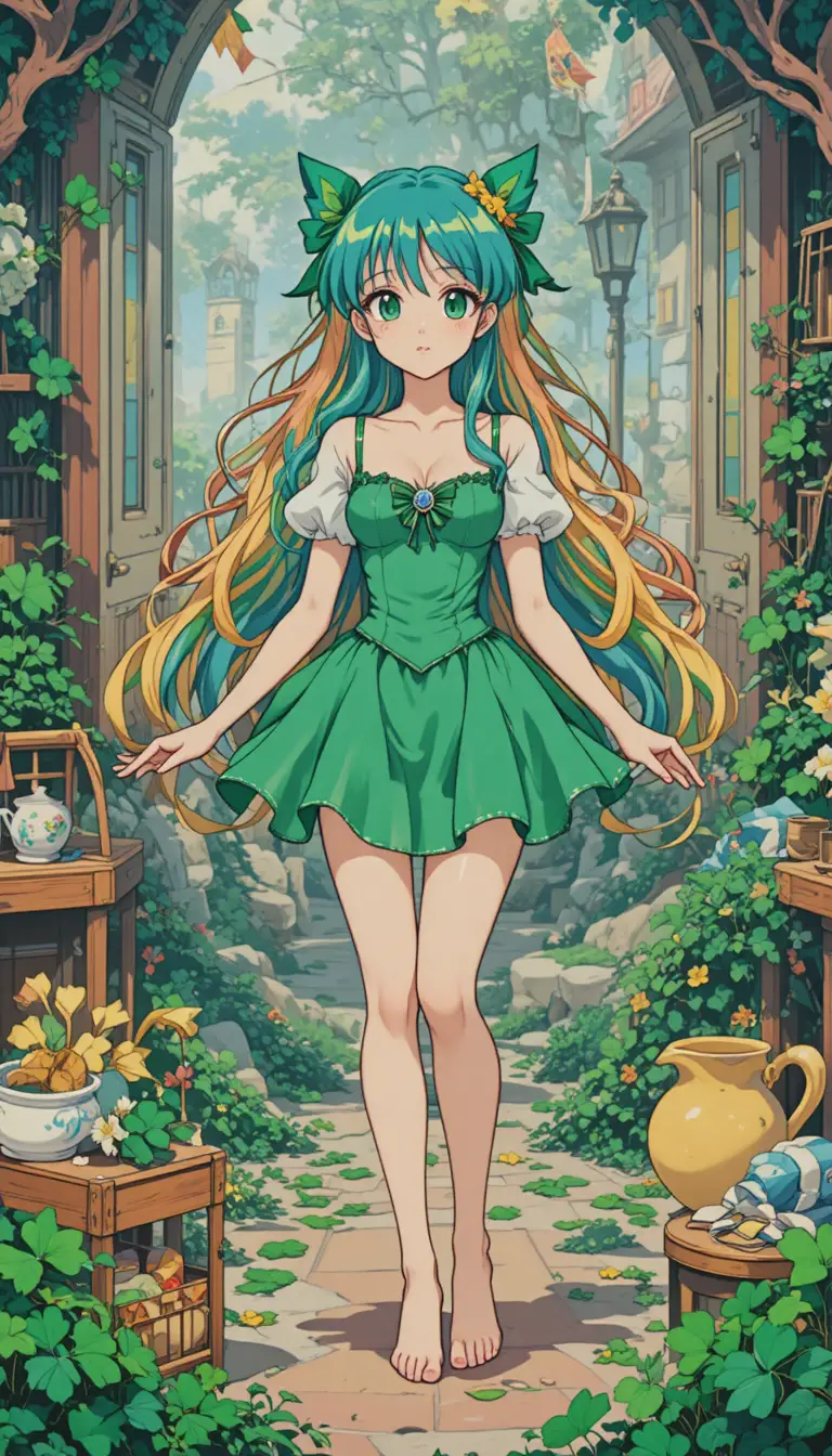 Fantasy rainbow haired fairy surrounded by lucky clovers