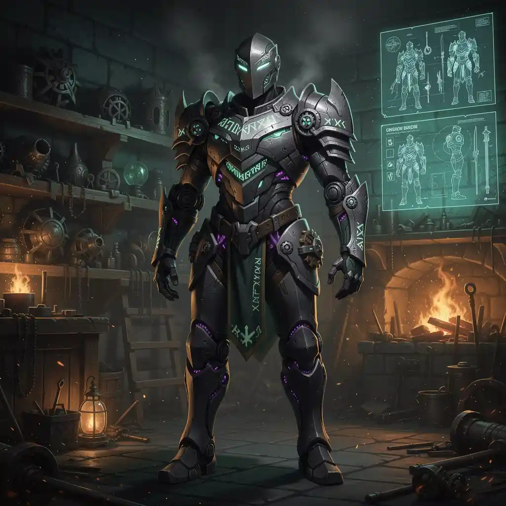 Dark fantasy artificer in heavy magical armor