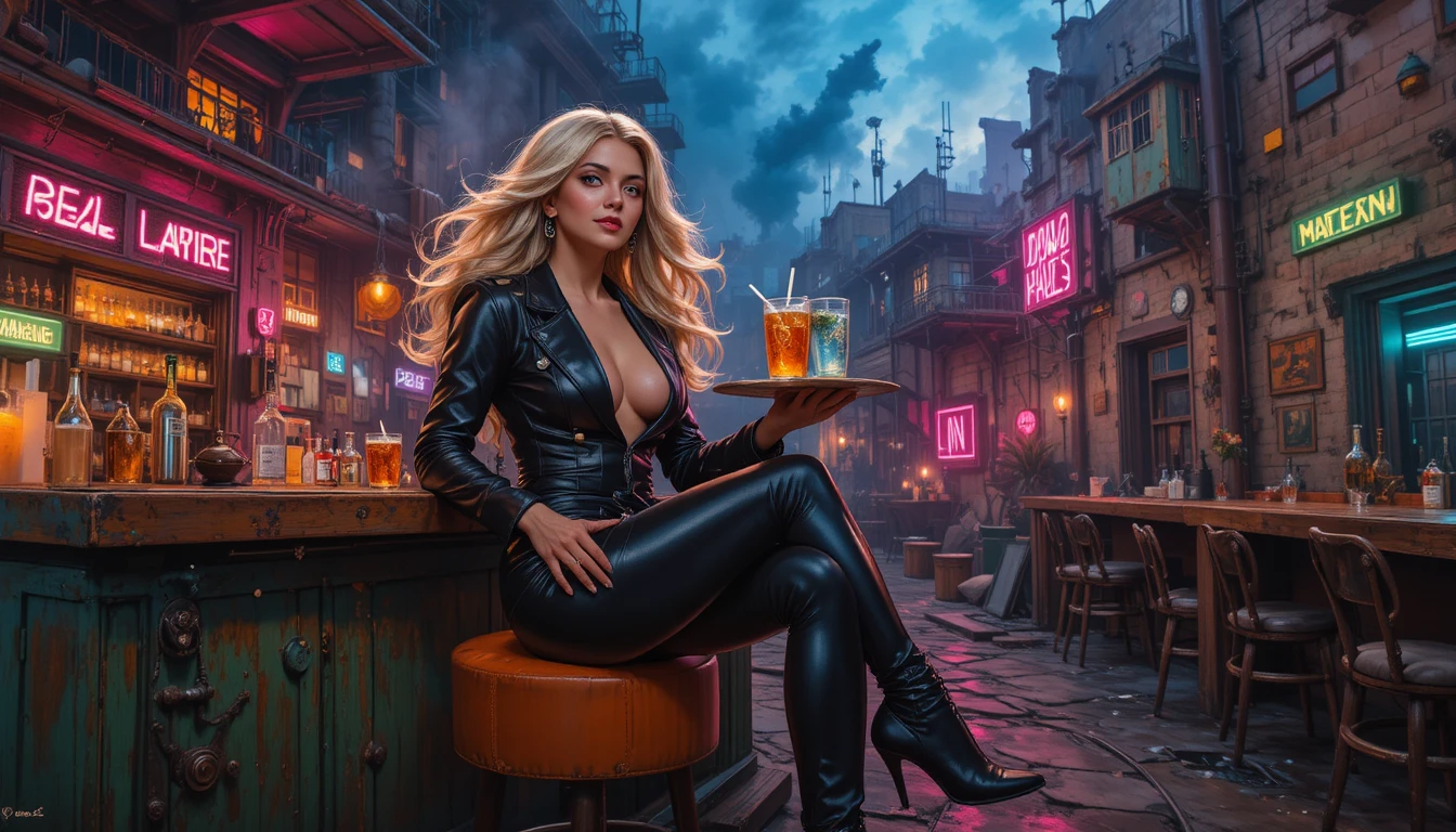 Flirtatious tavern woman serving drinks in neon bar