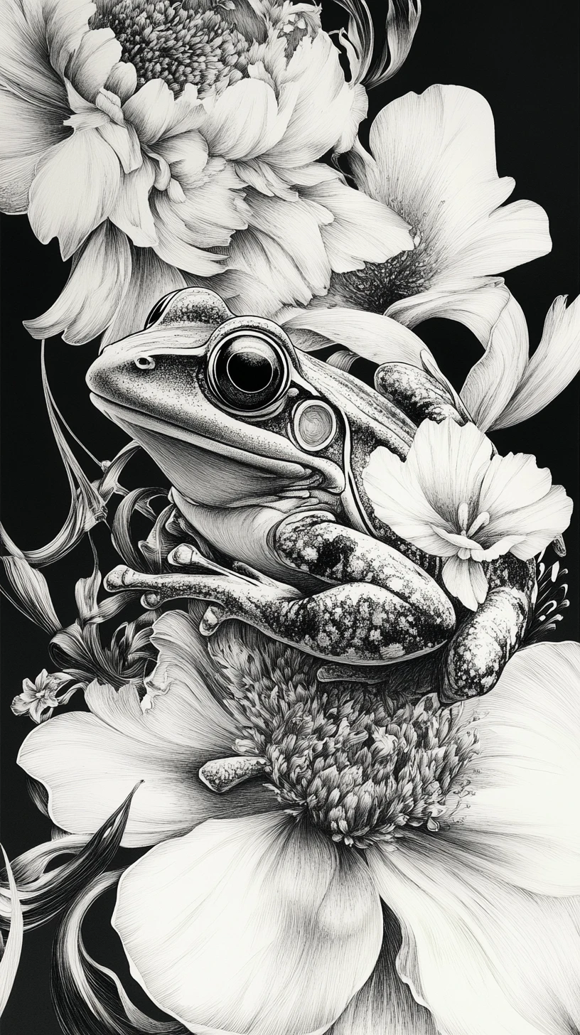 Intricate ink frog illustration formed from floral elements