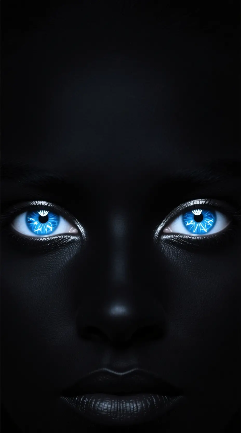 Olhos azul‑cristal brilhantes surgindo de um vazio negro absoluto